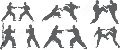 Collection of silhouettes of martial artists in training poses together