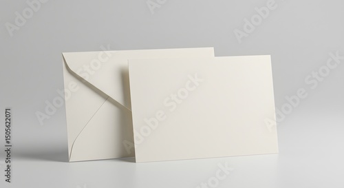 A simple, elegant, blank invitation card with a matching envelope, suggesting an upcoming event, on a stark white background