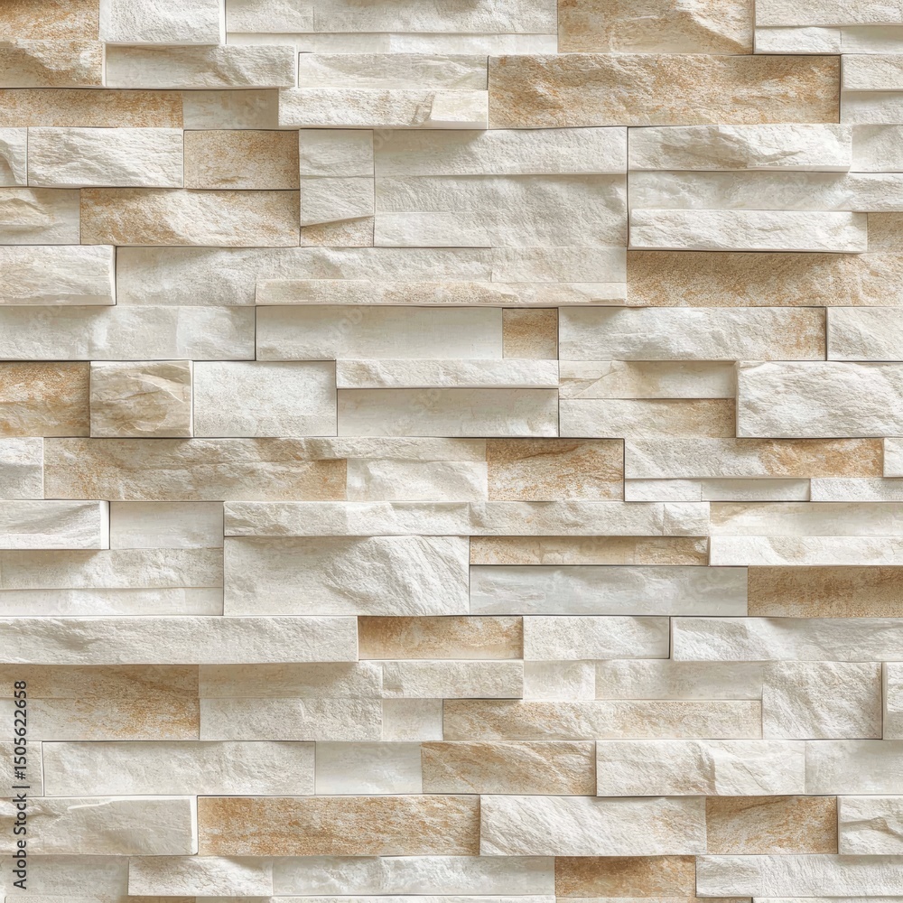 Obraz premium Textured off-white and beige stone wall cladding with varying rectangular shapes and subtle veining