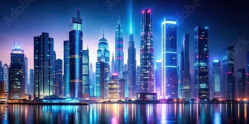 Futuristic cityscape with sleek skyscrapers and neon lights at night, highb-tech, sleek architecture, highb-tech