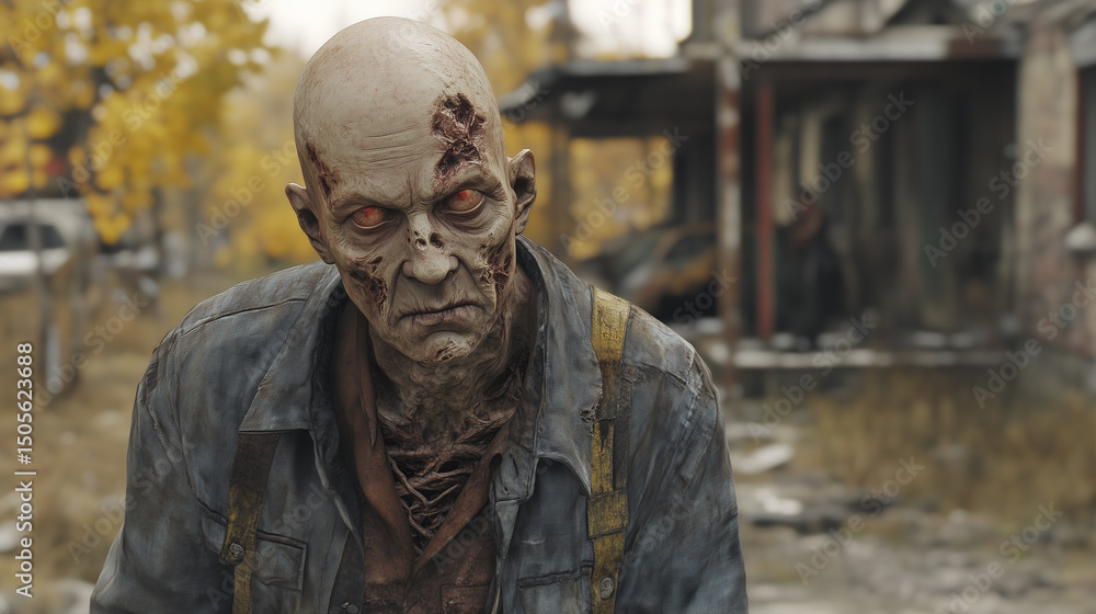 Naklejka premium A zombie with red eyes, bald head, and scars, wearing a dirty denim jacket, stands in a desolate, autumn-themed environment.