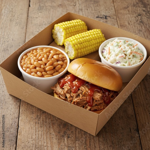 A delicious barbecue meal box featuring pulled pork, sides, and fresh corn on a wooden table.