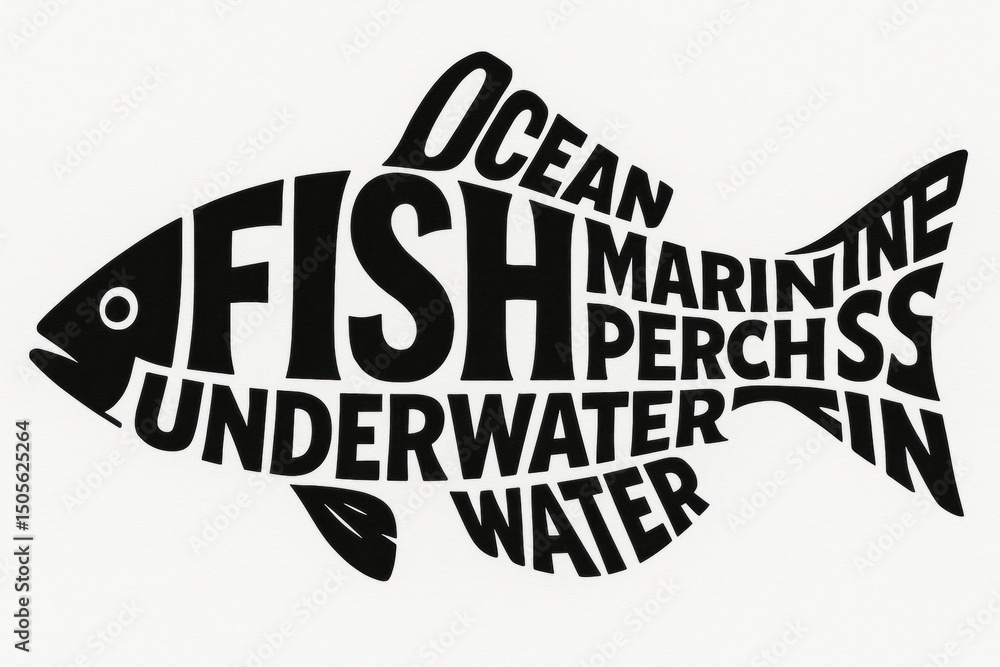 Obraz premium Creative Artwork Featuring Various Terms Related to Oceanic Fish in a Dynamic Design Showcasing the Marine Environment