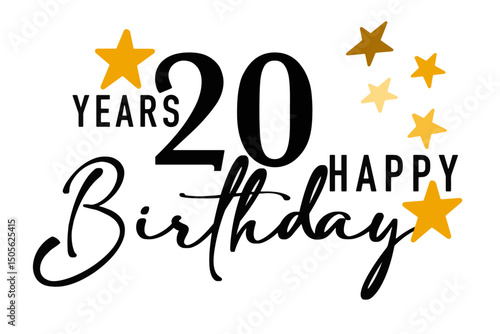 Simple vector illustration with the text "Happy Birthday", the number 20, and decorative gold stars around the design