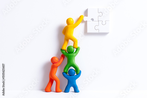 Colorful human figures working together to assemble puzzle piece symbolize teamwork and collaboration in achieving common goal