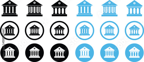 Bank building with dollar symbol icon set. Modern bank building representing financial institution icons isolated on transparent background. Concept of investment planning and financial transaction.