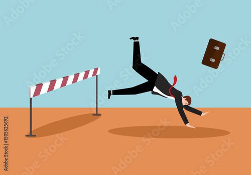 Business failure, mistake or cannot overcome difficulty or obstacle, problem or underperform employee concept. Frustrated businessman loser fail to jump over hurdle and falling to the ground