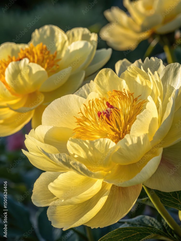 Obraz premium Stunning yellow peonies showcase their beauty in the soft glow of natural sunlight, a gorgeous scene.