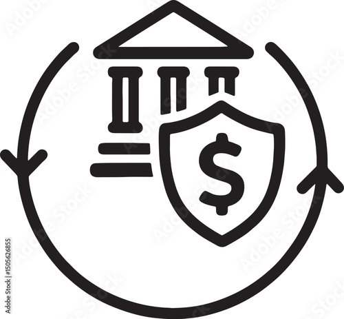 Black and White Financial Security Icon with Bank, Shield, and Dollar Sign. Banking Protection Symbol. Financial Security Icon