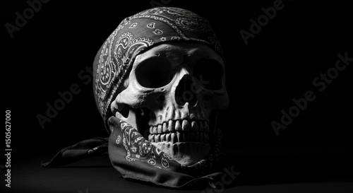 Dramatic skull in bandana shadow play intense gaze memento mori