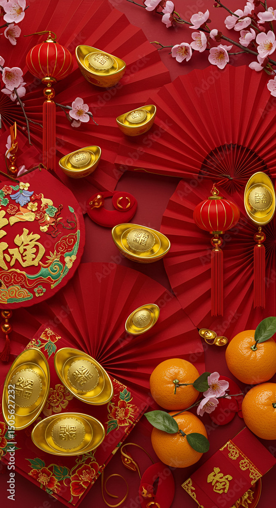 Fototapeta premium Chinese New Year decorative items displayed on red background. Gold ingots, lanterns, fans, and oranges arranged with festive blossoms.