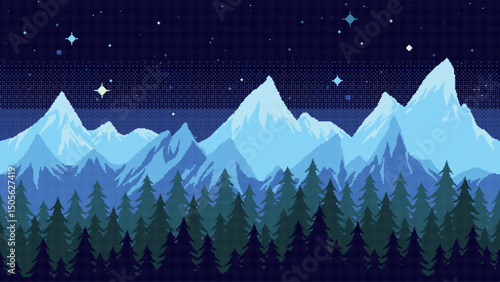 Mountains and pine forest pixel art landscape. Cold snowy night scenery.  8 bit. Game development, mobile app. Isolated vector illustration.