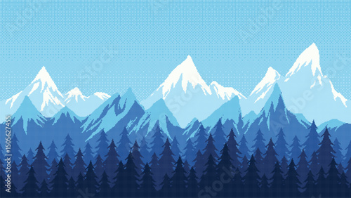  Mountains, blue field pixel art landscape. Pine tree forest, snowcapped peaks scenery.  8 bit. Game development, mobile app. Isolated vector illustration.