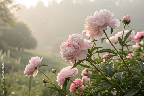 Fototapeta Naklejka Na Ścianę i Meble -  Elegant pink peonies in full bloom, captured in the soft morning light of a peaceful garden scene.
