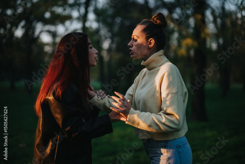 A tense interaction between two women in outdoor natural surroundings during sunset. They appear to be engaged in a disagreement, expressing emotions through gestures.