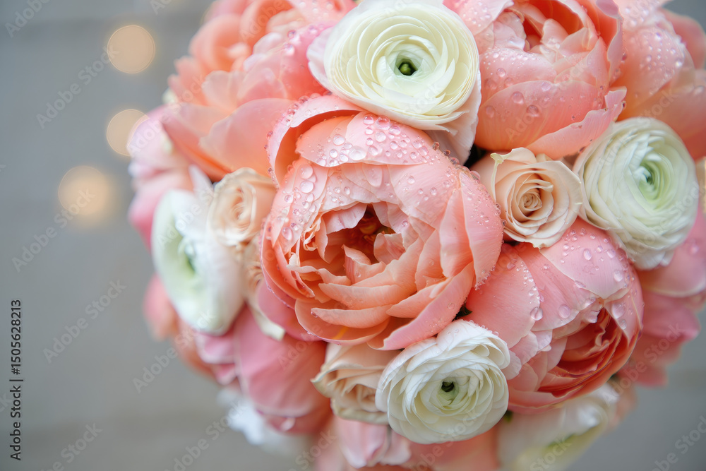 Fototapeta premium A stunning bouquet of pink and white ranunculus and roses, covered in water droplets.