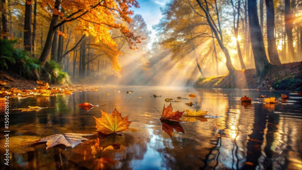 Obraz premium Misty autumn leaves floating on a slow-moving river with warm sunlight filtering through trees, nature, autumn, nature