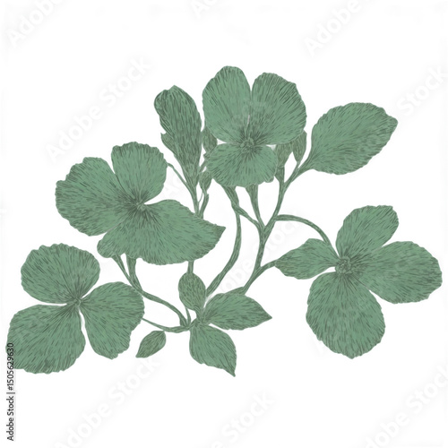 Vintage botanical petal faded green etching on transparent background transparent background isolated png stock