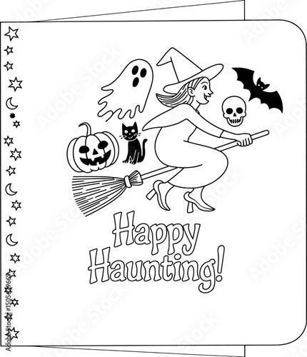 Happy haunting witch flying broom halloween card