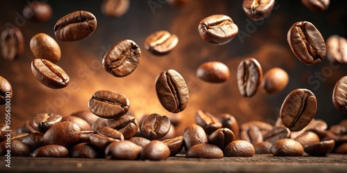 Coffee beans levitate in mid air, floating gently, mystical coffee