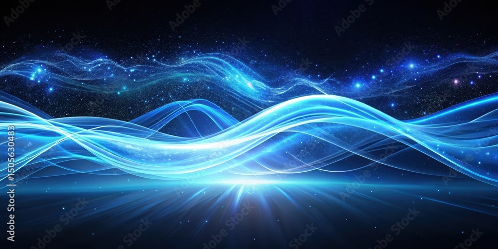 Fototapeta premium Swirling blue light waves on a dark canvas create a mesmerizing futuristic ambiance, glowing waves, cosmic background
