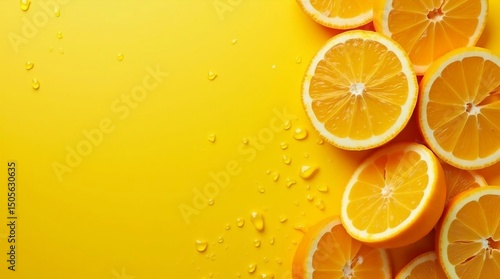  Sliced Citrus Fruits with Water Droplets on Yellow Background