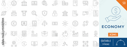 Economy icon collection set. Contains income, paycheck, money, accounting, investment, and more. Editable stroke.