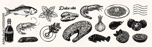 Hand drawn different mediterranean food set. Doodle sketch La dolce vita elements collection.
