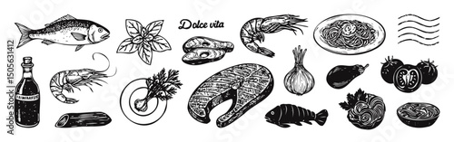 Hand drawn different mediterranean food set. Doodle sketch La dolce vita elements collection.