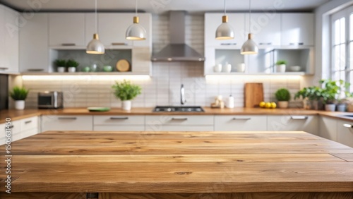 Empty Beautiful wood table top with a blurred modern kitchen interior background in clean and bright, modernism