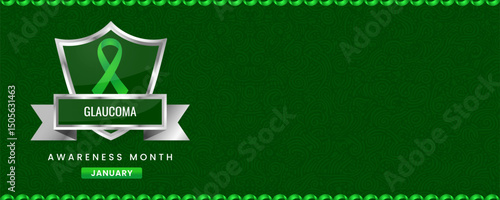 Glaucoma Awareness Month banner, with Green ribbon, shield and space for text. Design for Banner or Header.