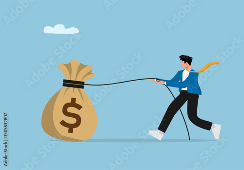 Businessman Pulling Large Money Bag with Rope Concept Illustration Representing Financial Success, Wealth Strategy, Hard Work, Business Motivation, and Economic Goal Achievement