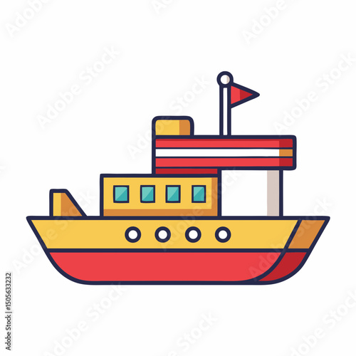 Cartoon illustration of a charming red and yellow ferry boat on white