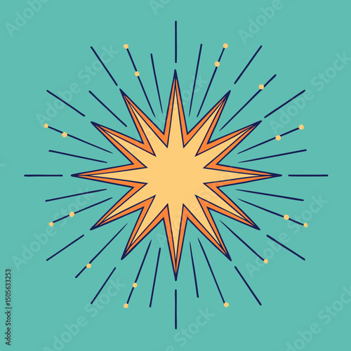 Retro Atomic Starburst with Rays and Dots in Turquoise Background Illustration