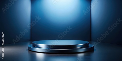 Display Shelf for Products on Dark Blue Metallic Circular Platform, dark blue metallic, product showcase