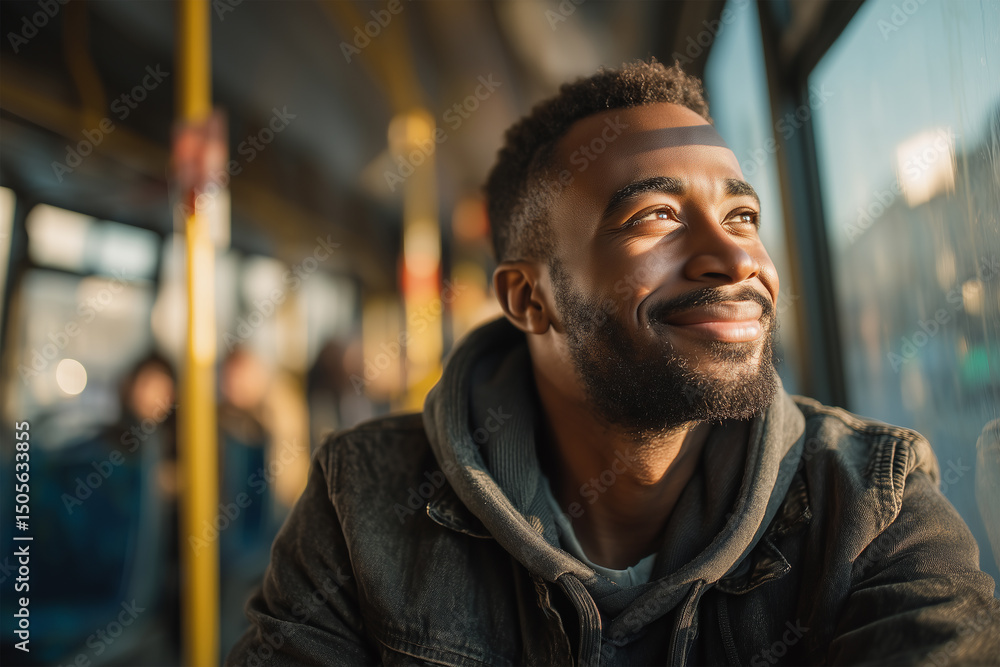 Fototapeta premium A thoughtful young man gazes out a bus window, enjoying a peaceful moment during his commute.