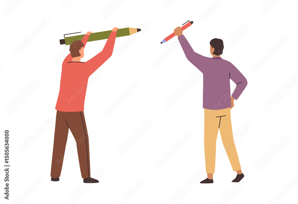 Business characters signing deal or contract. Vector isolated personages with large pencils. Authors or editors, writers or journalists in creative industry. Doing homework or assignment Business characters signing deal or contract. Vector isolated personages with large pencils. Authors or editors, writers or journalists in creative industry. Doing homework or assignment