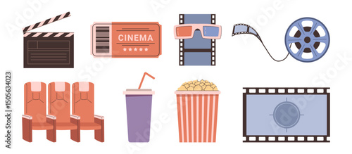 Cinema icons set. Vector isolated popcorn box package and big movie reel, clapper and ticket, 3d glasses and chairs, film strip and drinking. Cinematography and recreation, leisure time