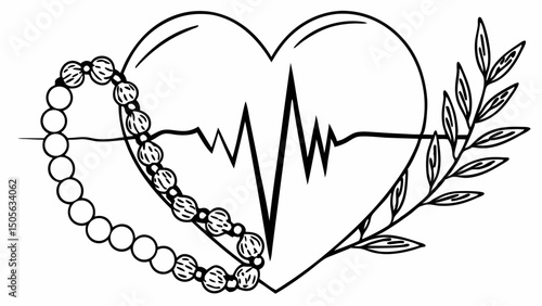 Heartbeat line art with rosary beads and leafy branch in monochrome illustration style design concept created with generated ai