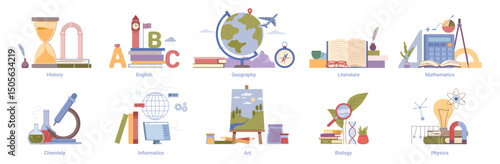School subjects supplies set. Vector art and geography, literature and chemistry, mathematics and history, informatics and english, biology and physics. Books and backpack equipment