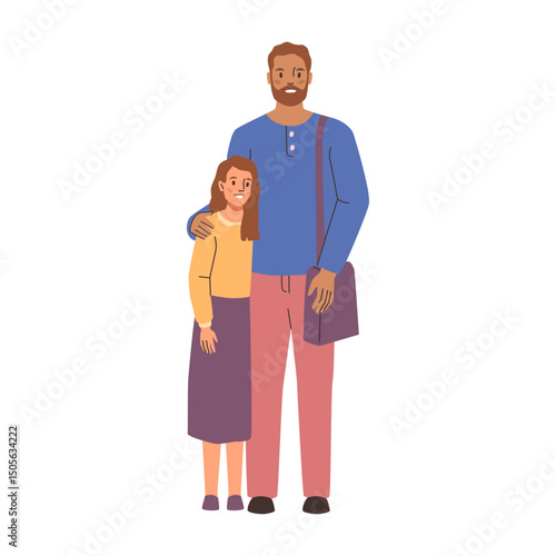 Father hugging daughter, smiling cartoon personages poising for photo. Vector isolated happy family members cuddling and bonding. Warm relationships between children and parents, role model