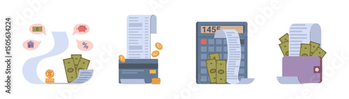 Online payment and financial accounting. Vector smart savings and bank deposits. Counting expenses and economizing money. Big bills and calculator, card and wallet. Banking and transactions