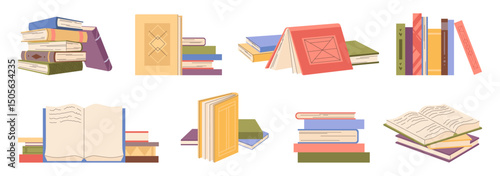 Closed and open journals with handwriting. Vector isolated set of books and textbooks for education and studying. Notes or encyclopedia publishing. Bookstore or shop, university library