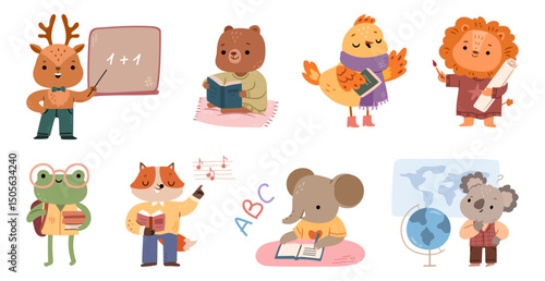 Cute animals teaching and learning. Vector academic environments of woodland creatures. Isolated collection of adorable forest dwellers. Bear and fox, elephant and frog, bird and lion, koala and deer