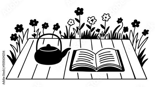 A picnic scene with a teapot and an open book laid out on a blanket surrounded by flowers and grass created with generated ai