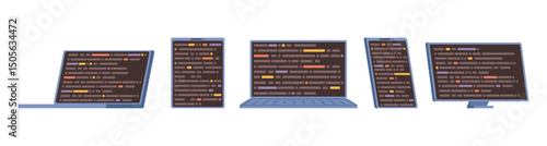 Application development and quality assurance service. Vector isolated laptops, tablets and personal computer with coding programs. Programming or developing software with codes on screens