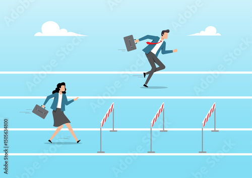 a businesswoman and businessman running a race on separate tracks