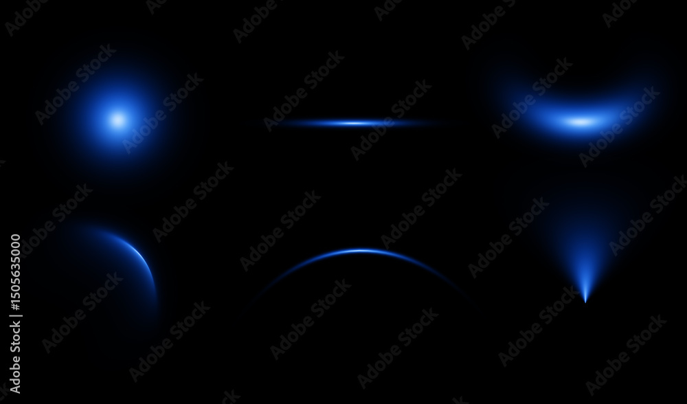Obraz premium Set of abstract blue lights.Lens flare effects for overlay designsDesign collage of blue lights, linear, source, dome, arc, reflector effect. 