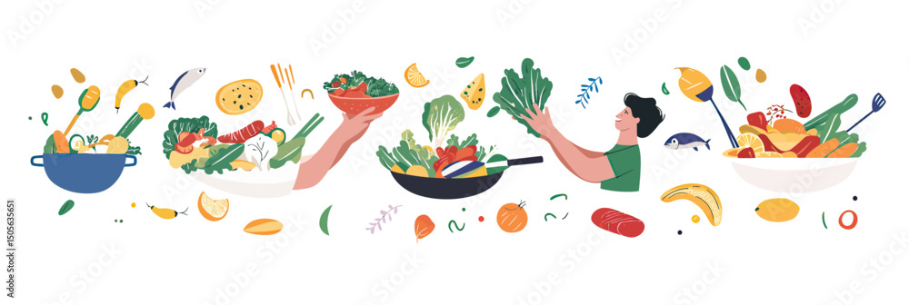 Obraz premium Healthy cooking process illustration with fresh vegetables, fish, salad preparation, and balanced meal concept in flat minimalist vector style