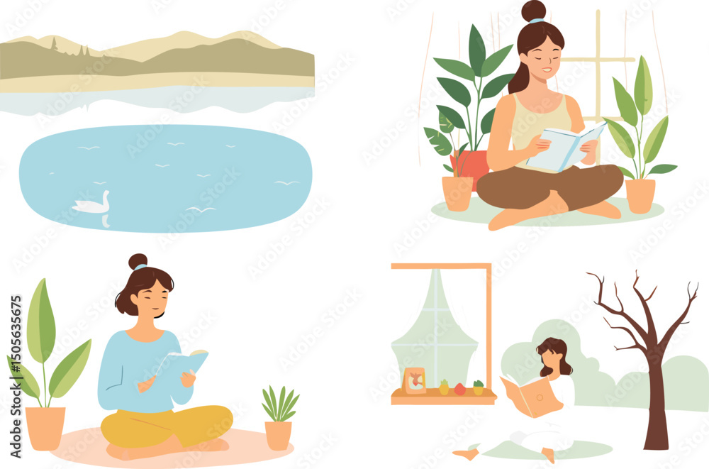 Fototapeta premium Women relaxing reading books peaceful scenes